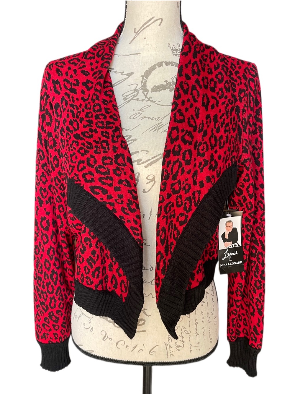 Lennie for Nina Leonard Red and Black Leopard Print Open-Front Cardigan y2K  - L